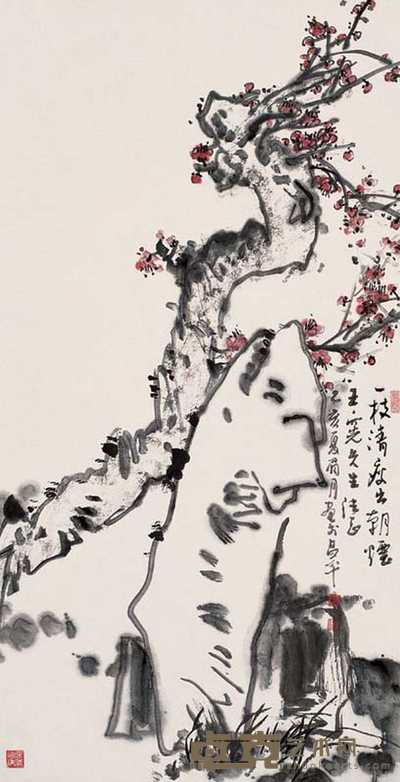 单眉月 梅石图 立轴 129×67cm